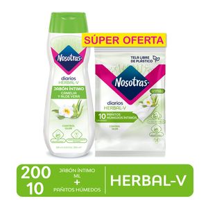 Nosotras Pack Herbal Jabón Íntimo 200 ml + Pañitos Íntimos 10 und - Pack 2 und