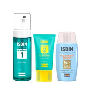 Pack Isdin Acniben Limpiador 150ml + Gel 40ml + Fusion Water Magic 50ml - Pack 3 und