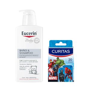 Pack Eucerin Baby Baño & Shampoo 400 ml + Curitas Marvel 20 und