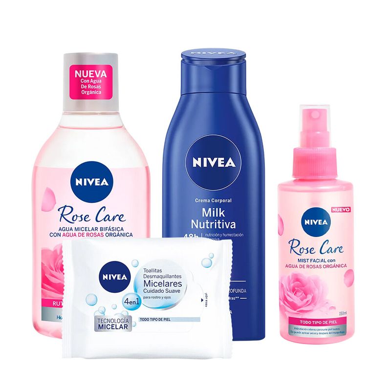 Pack-Nivea-Milk-Nutritiva-400-ml---Agua-Micelar-400-ml---Mist-Facial-150-ml---Toallitas-Desmaquillantes-25-und
